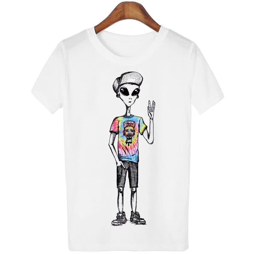 18 Style Smoking Alien Print Funny Casual Tees
