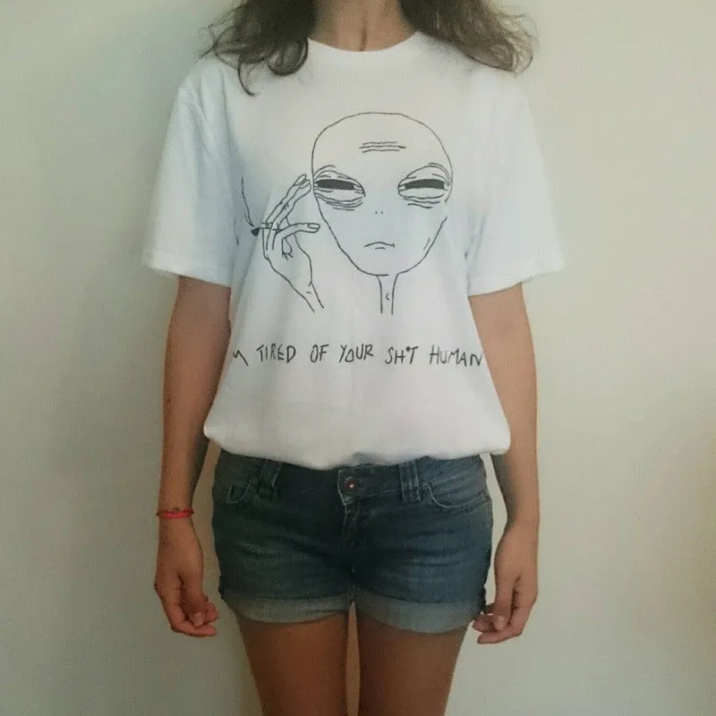 18 Style Smoking Alien Print Funny Casual Tees