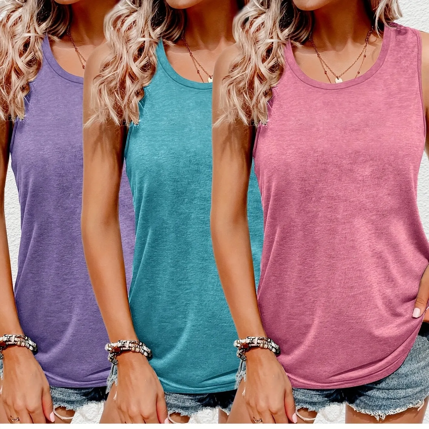 3-Pack Women's Casual Tank Tops – Solid Color Crew Neck, Medium Stretch Knit Fabric