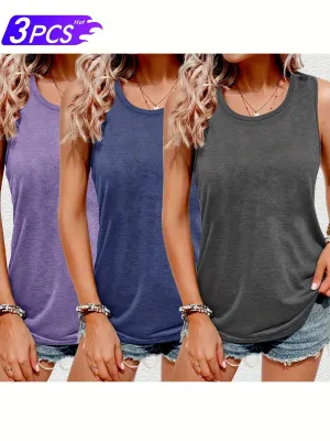 3-Pack Women's Casual Tank Tops – Solid Color Crew Neck, Medium Stretch Knit Fabric