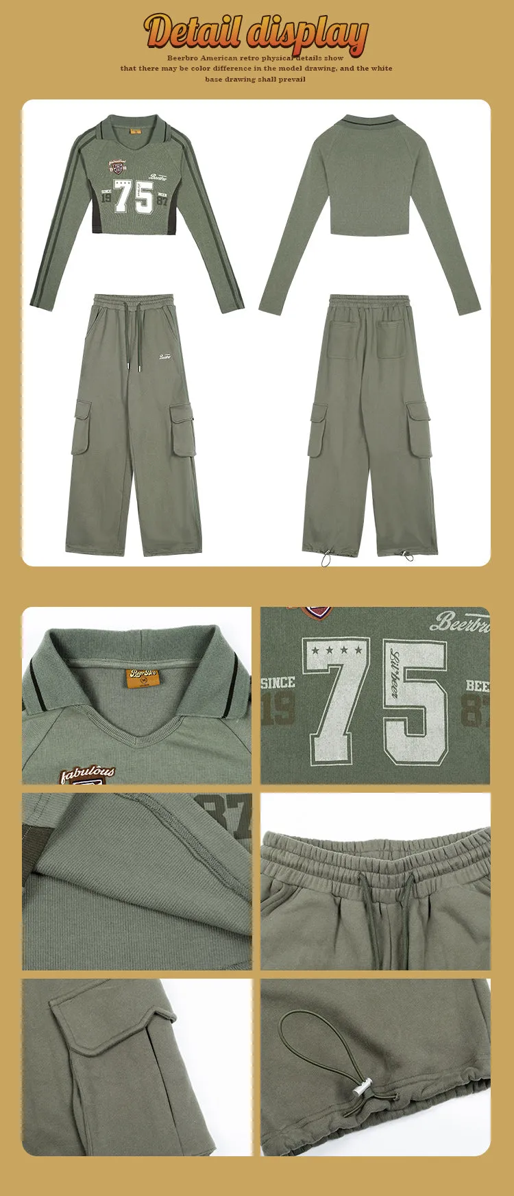 75 Graphic Letter Print Long Sleeve V-Neck Slim Top Baggy Straight Leg Cargo Pants Matching Set