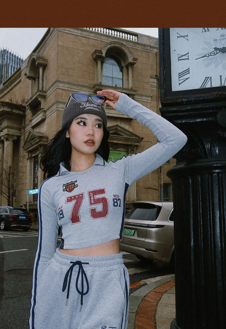 75 Graphic Letter Print Long Sleeve V-Neck Slim Top Baggy Straight Leg Cargo Pants Matching Set