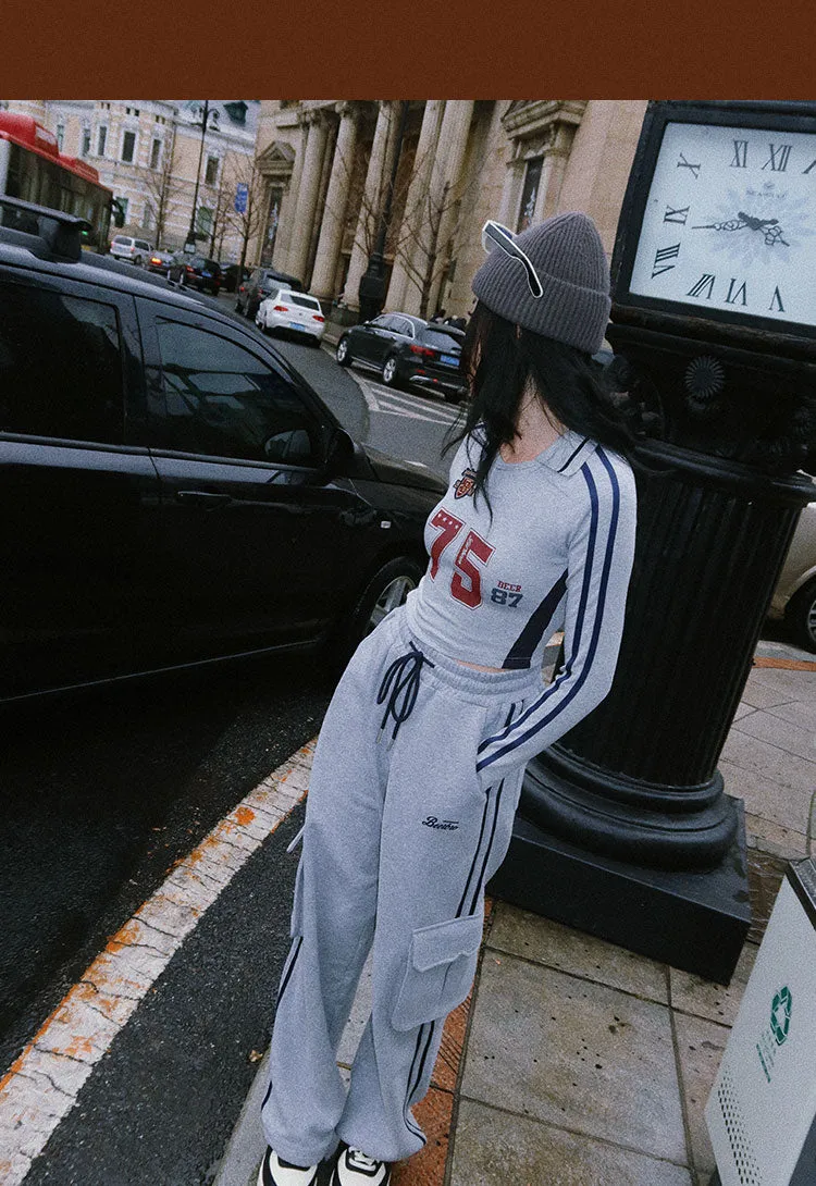 75 Graphic Letter Print Long Sleeve V-Neck Slim Top Baggy Straight Leg Cargo Pants Matching Set