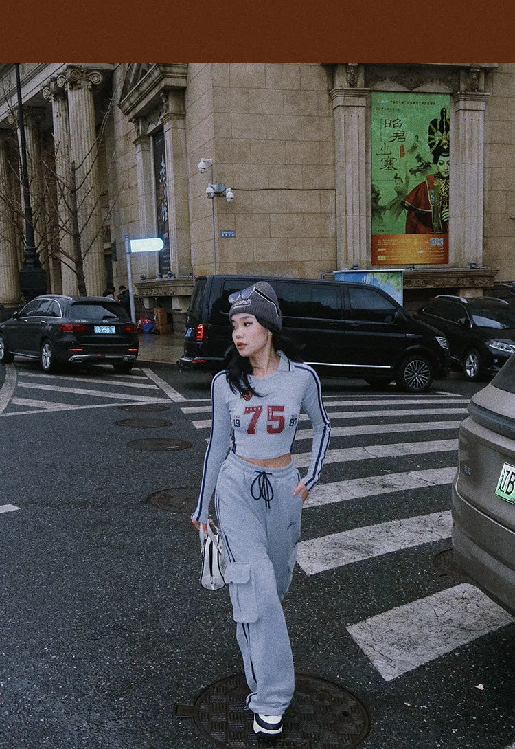 75 Graphic Letter Print Long Sleeve V-Neck Slim Top Baggy Straight Leg Cargo Pants Matching Set