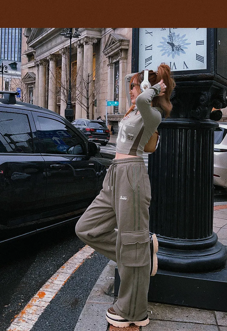 75 Graphic Letter Print Long Sleeve V-Neck Slim Top Baggy Straight Leg Cargo Pants Matching Set