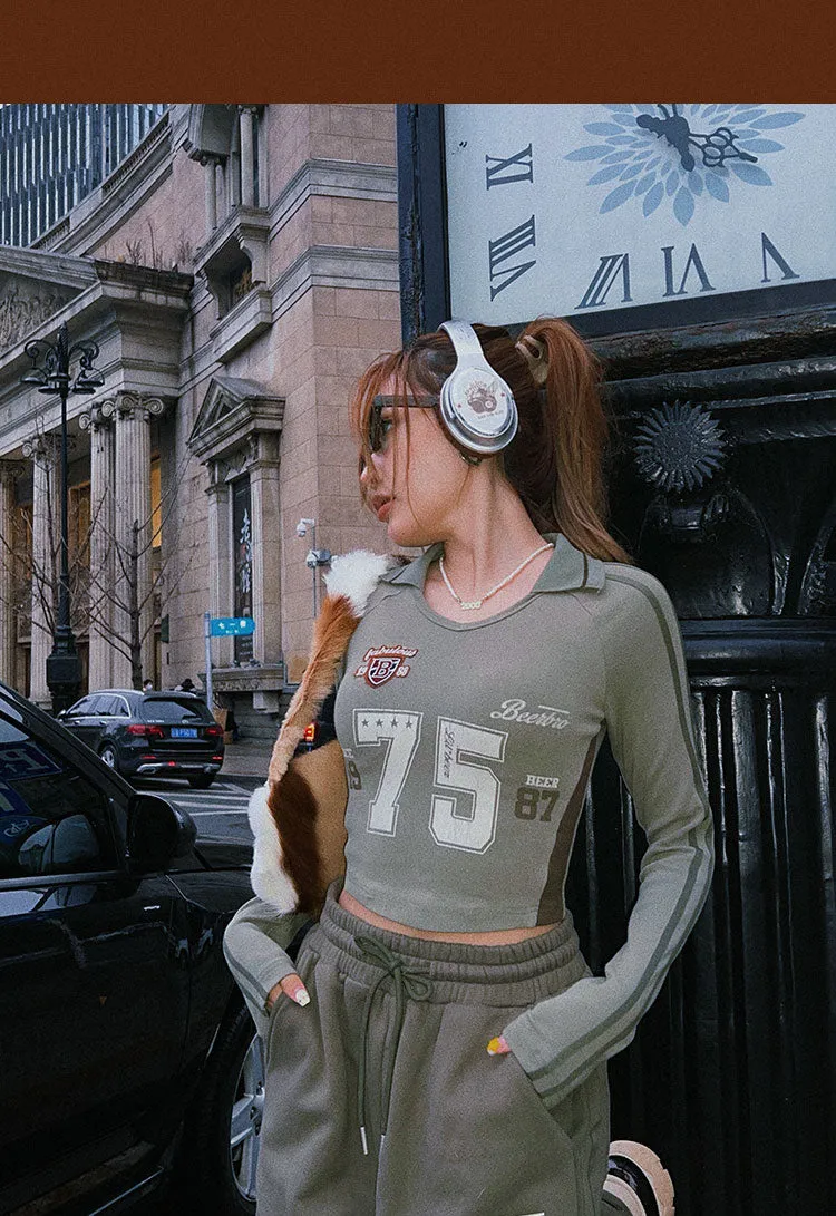 75 Graphic Letter Print Long Sleeve V-Neck Slim Top Baggy Straight Leg Cargo Pants Matching Set