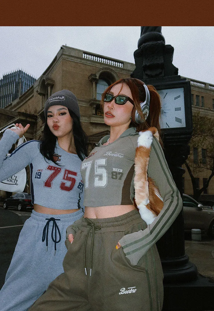 75 Graphic Letter Print Long Sleeve V-Neck Slim Top Baggy Straight Leg Cargo Pants Matching Set