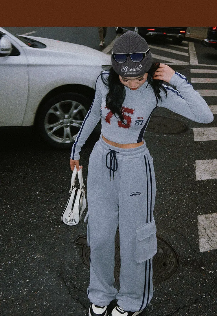 75 Graphic Letter Print Long Sleeve V-Neck Slim Top Baggy Straight Leg Cargo Pants Matching Set