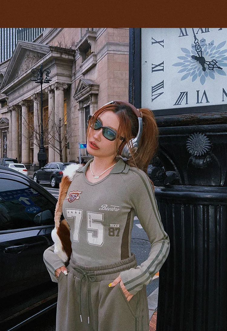 75 Graphic Letter Print Long Sleeve V-Neck Slim Top Baggy Straight Leg Cargo Pants Matching Set