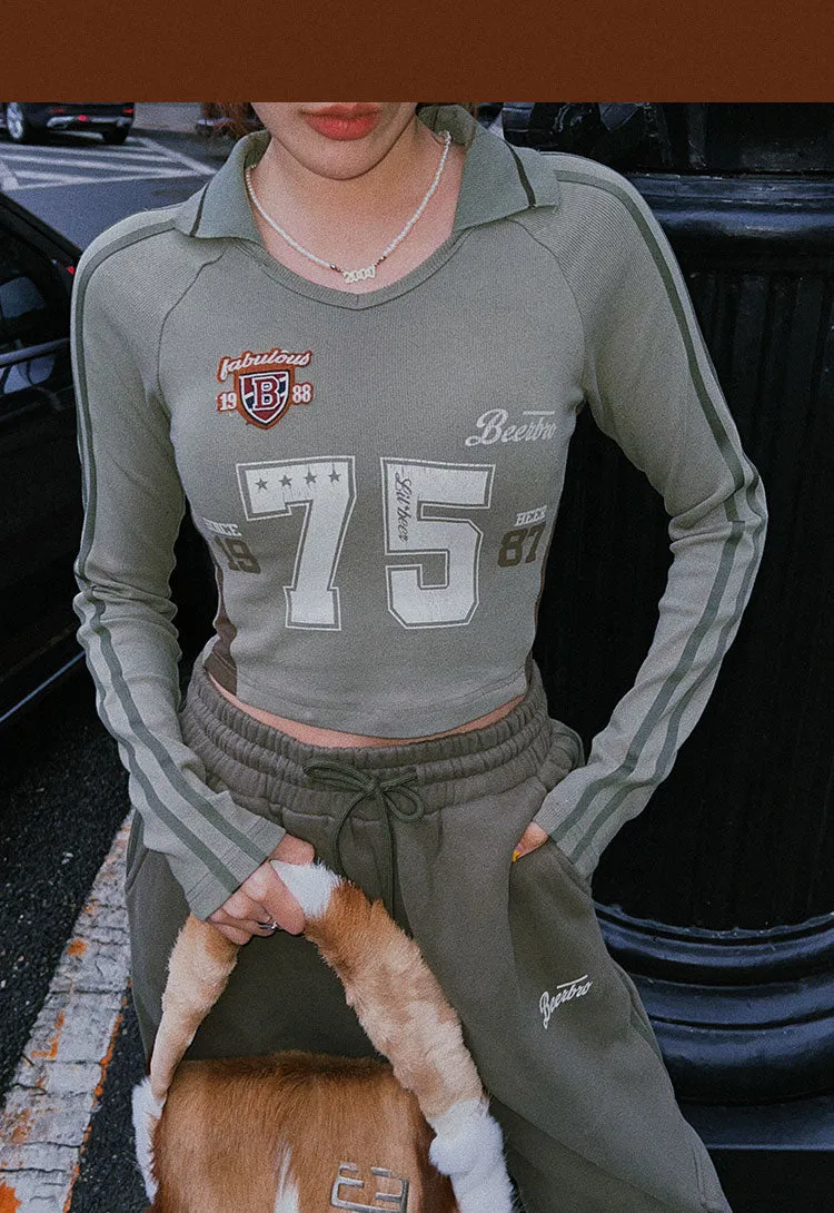 75 Graphic Letter Print Long Sleeve V-Neck Slim Top Baggy Straight Leg Cargo Pants Matching Set