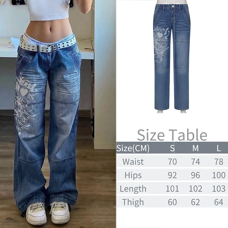 BerryBetty - New Printed Baggy Y2K Jeans Women's Low Waist jeans Autumn Winter Oversize Wide Leg Baggy Pants Casual Cargo Trousers
