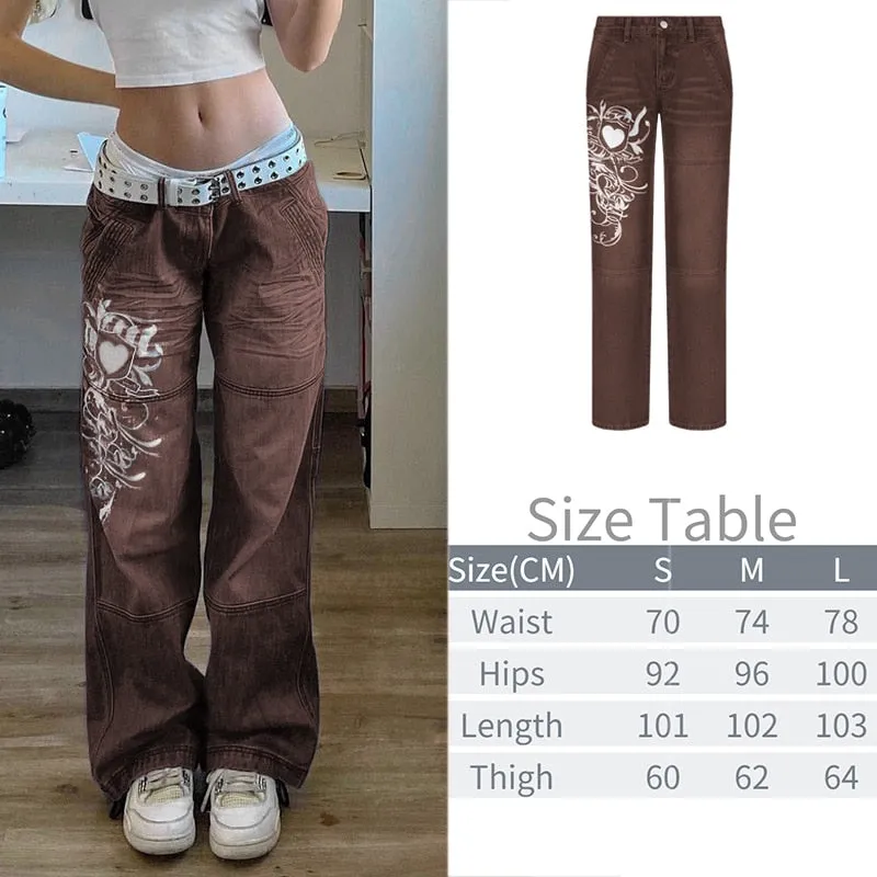 BerryBetty - New Printed Baggy Y2K Jeans Women's Low Waist jeans Autumn Winter Oversize Wide Leg Baggy Pants Casual Cargo Trousers