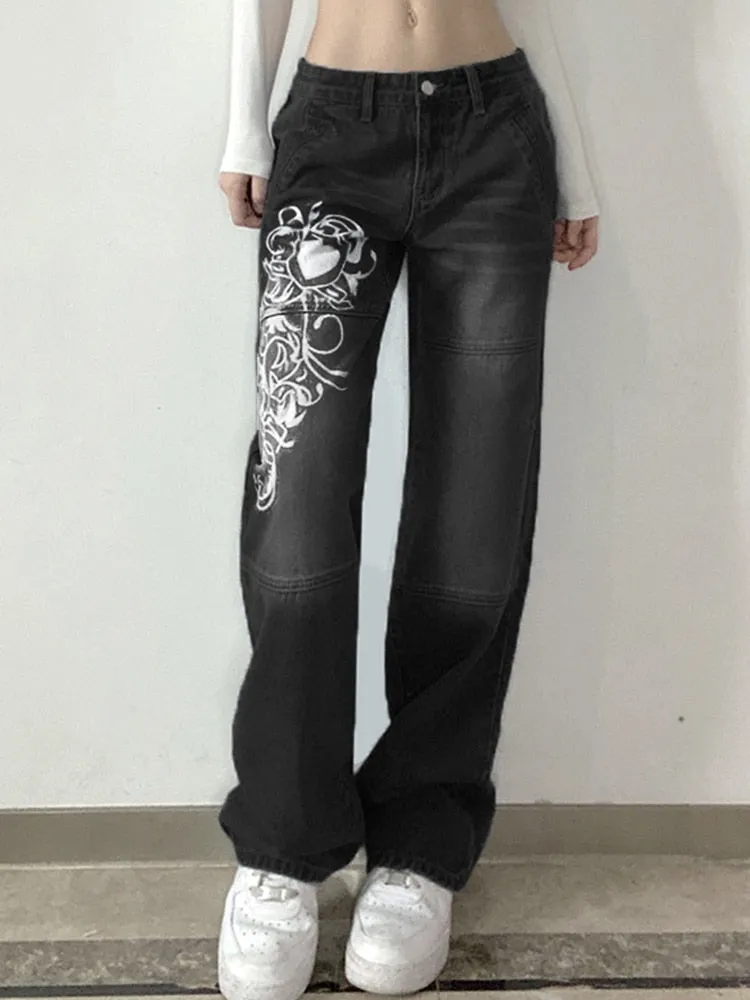 BerryBetty - New Printed Baggy Y2K Jeans Women's Low Waist jeans Autumn Winter Oversize Wide Leg Baggy Pants Casual Cargo Trousers