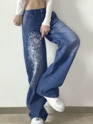BerryBetty - New Printed Baggy Y2K Jeans Women's Low Waist jeans Autumn Winter Oversize Wide Leg Baggy Pants Casual Cargo Trousers
