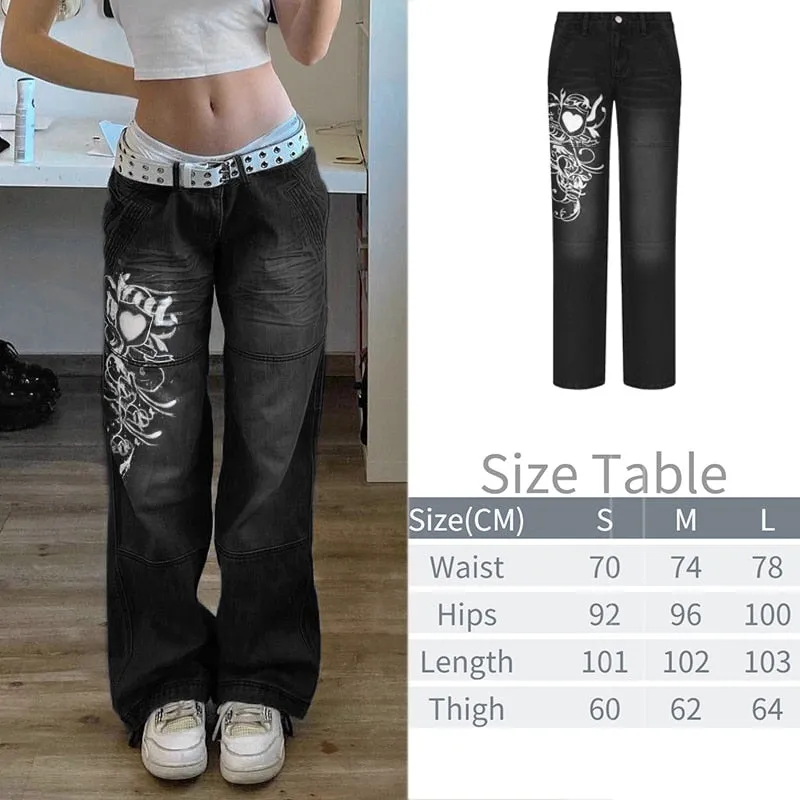 BerryBetty - New Printed Baggy Y2K Jeans Women's Low Waist jeans Autumn Winter Oversize Wide Leg Baggy Pants Casual Cargo Trousers