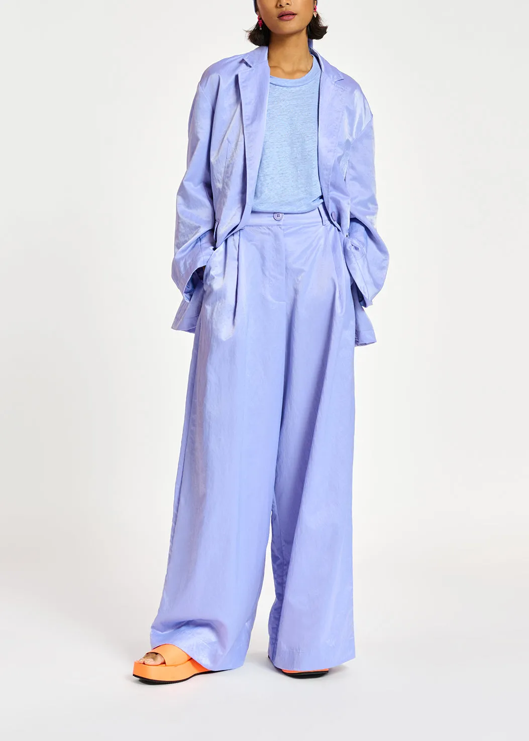 Blue wide-leg satin pants