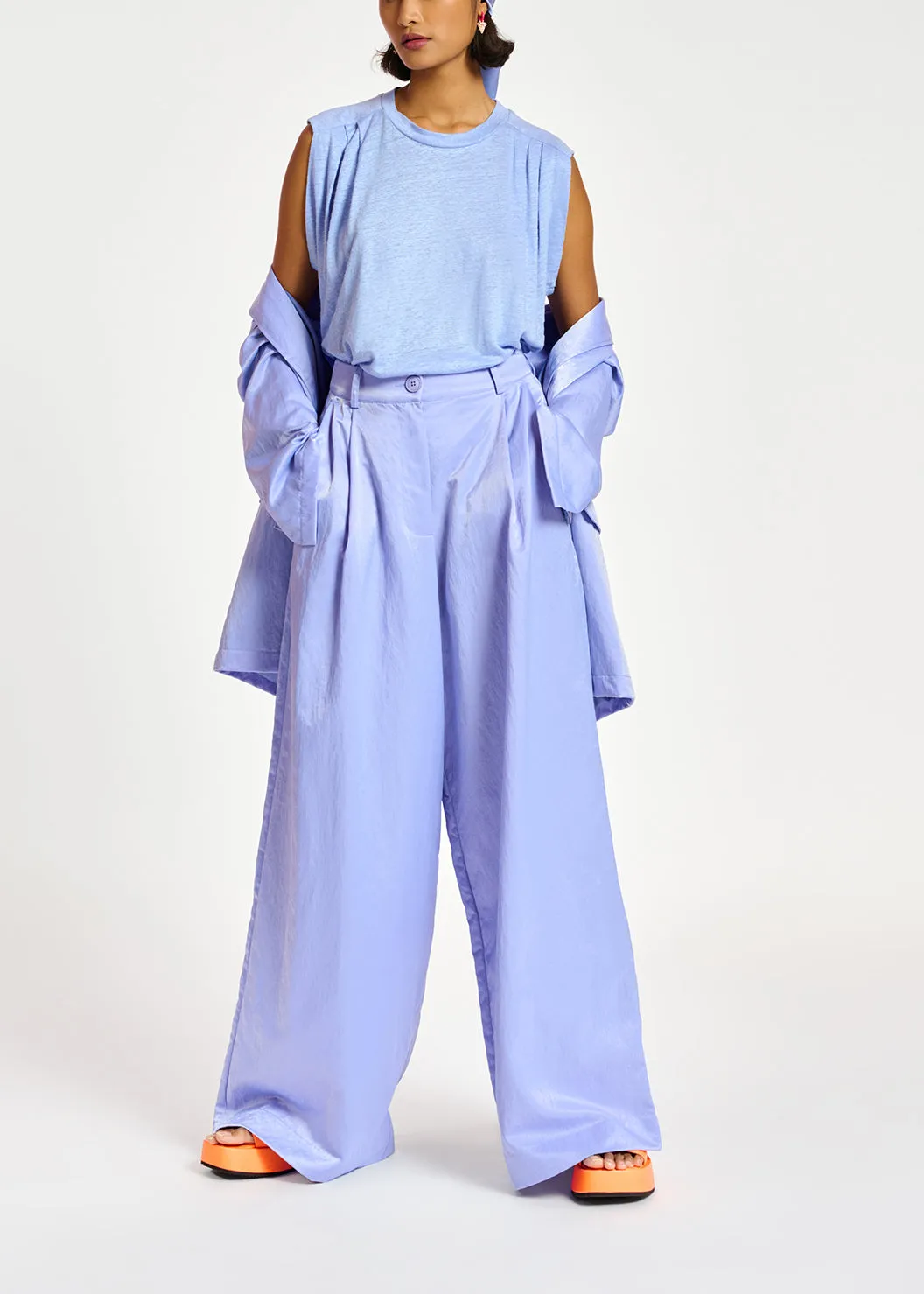 Blue wide-leg satin pants
