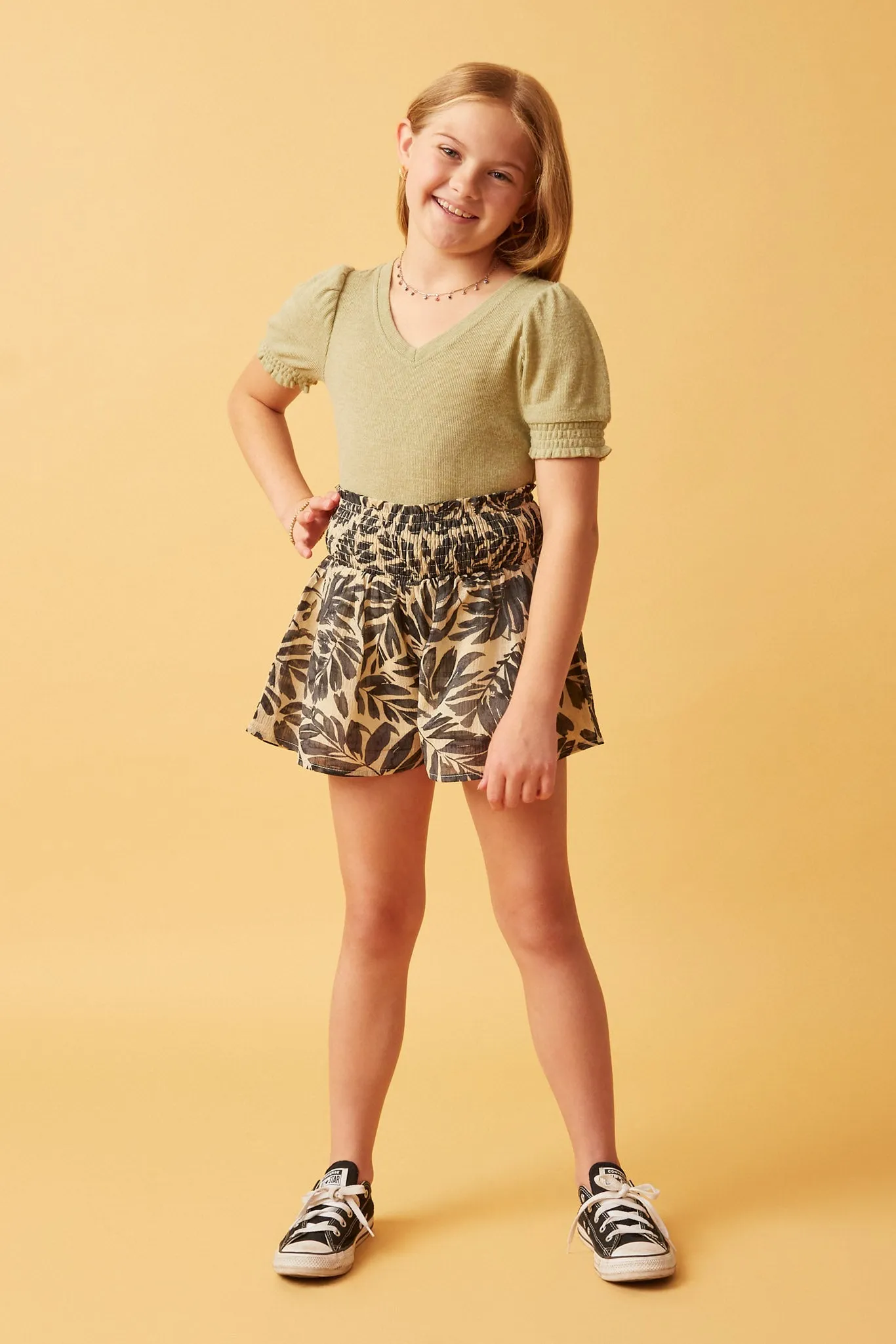 Botanical Print Smocked Waist Shorts