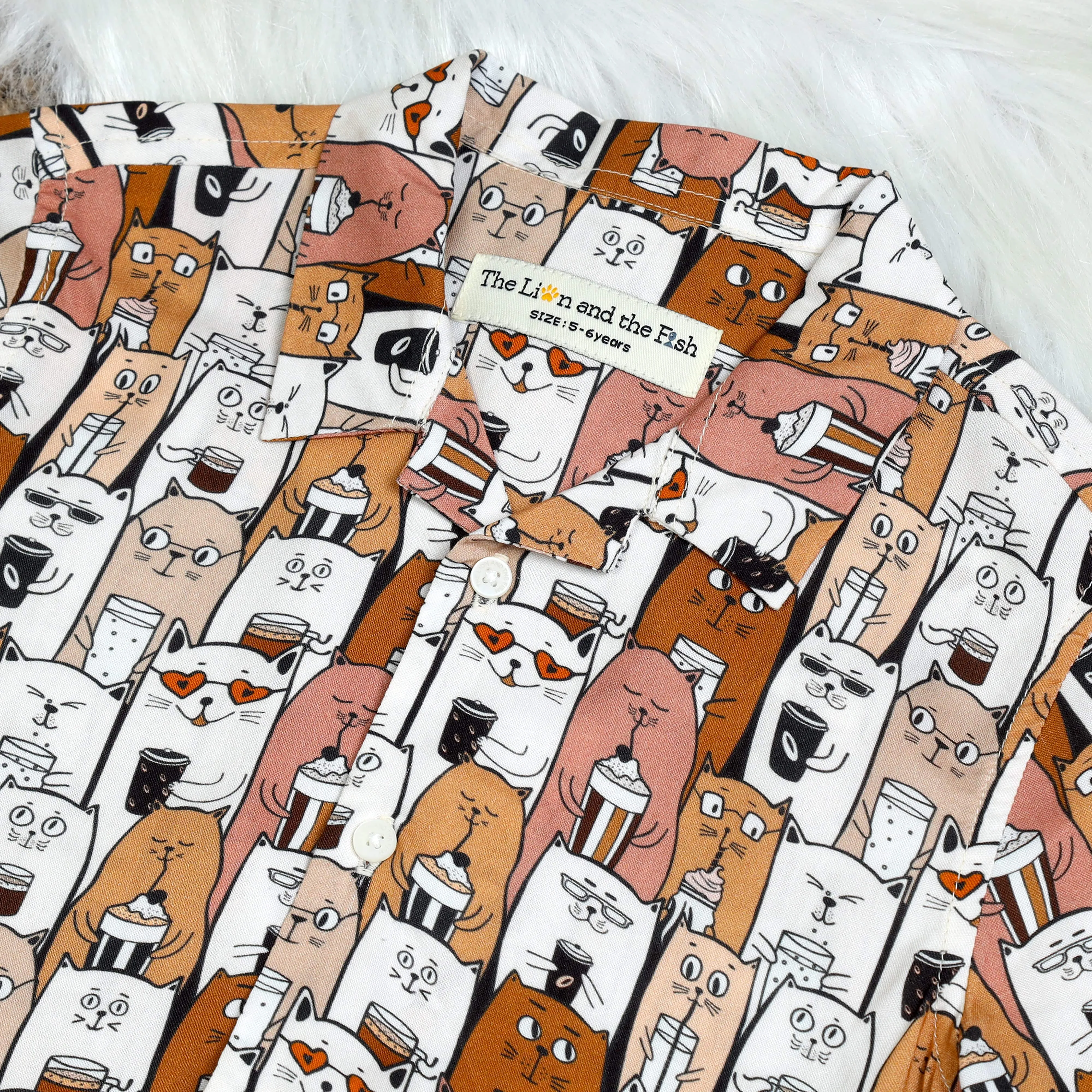Boys Cat Printed Shirt Brown