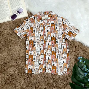 Boys Cat Printed Shirt Brown