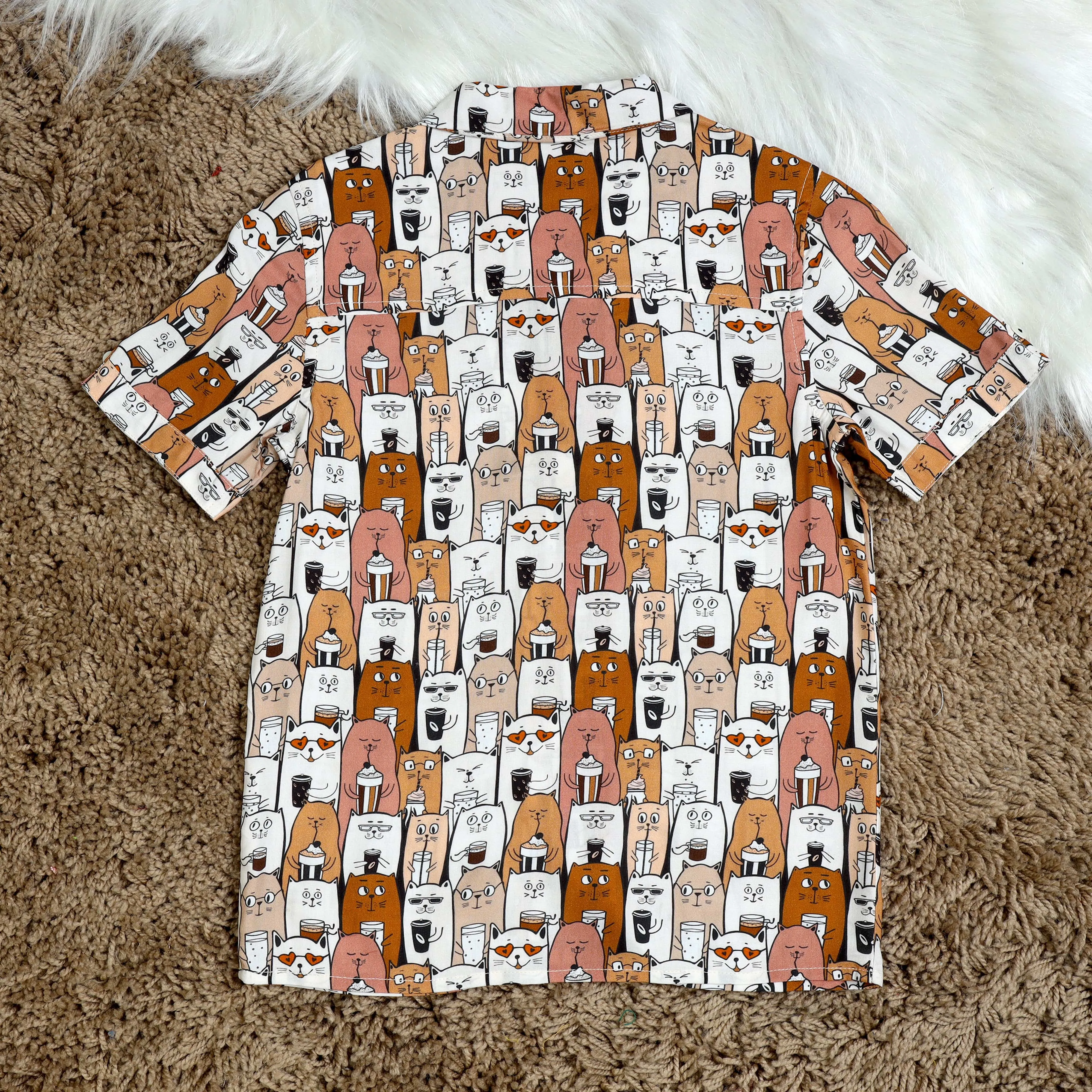Boys Cat Printed Shirt Brown