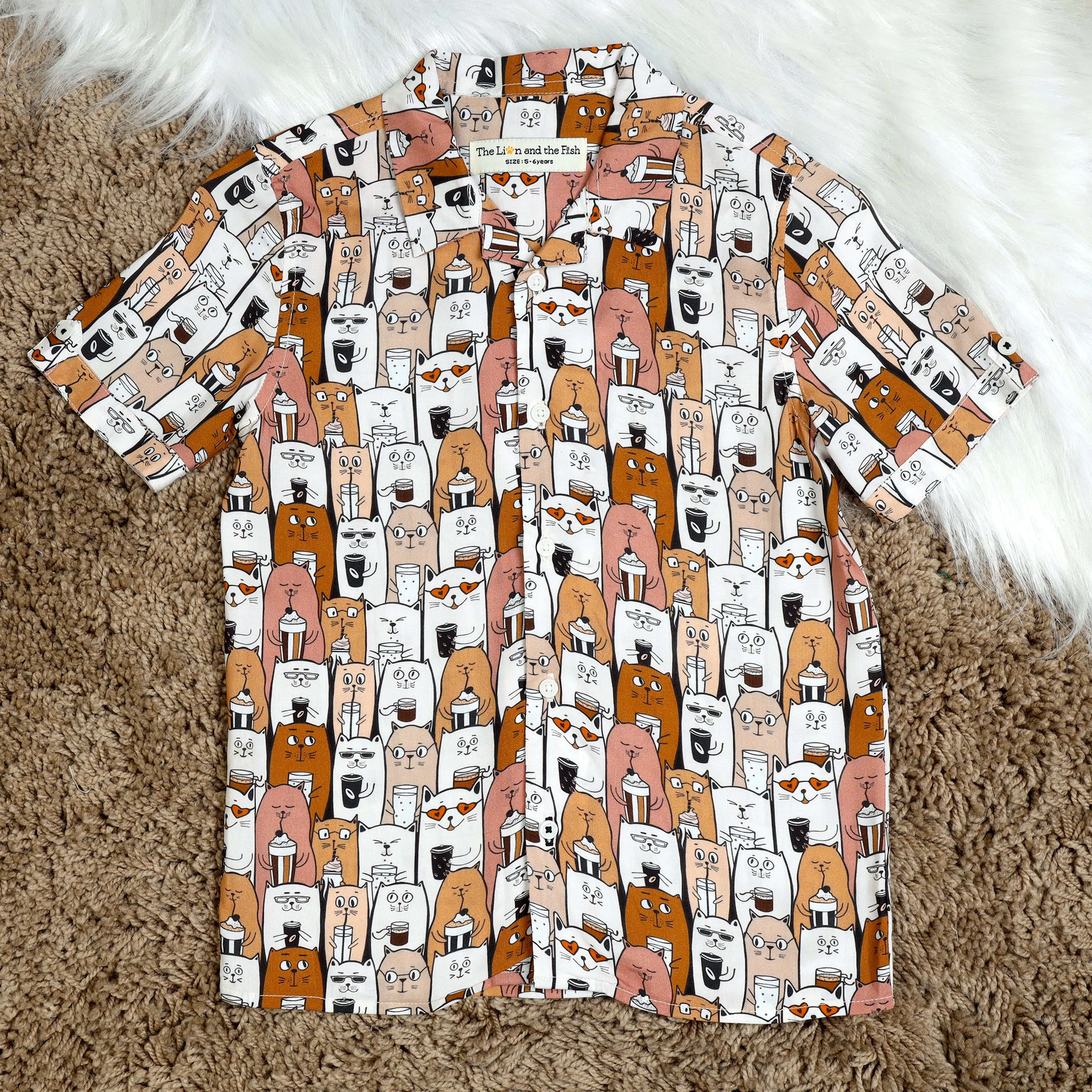 Boys Cat Printed Shirt Brown