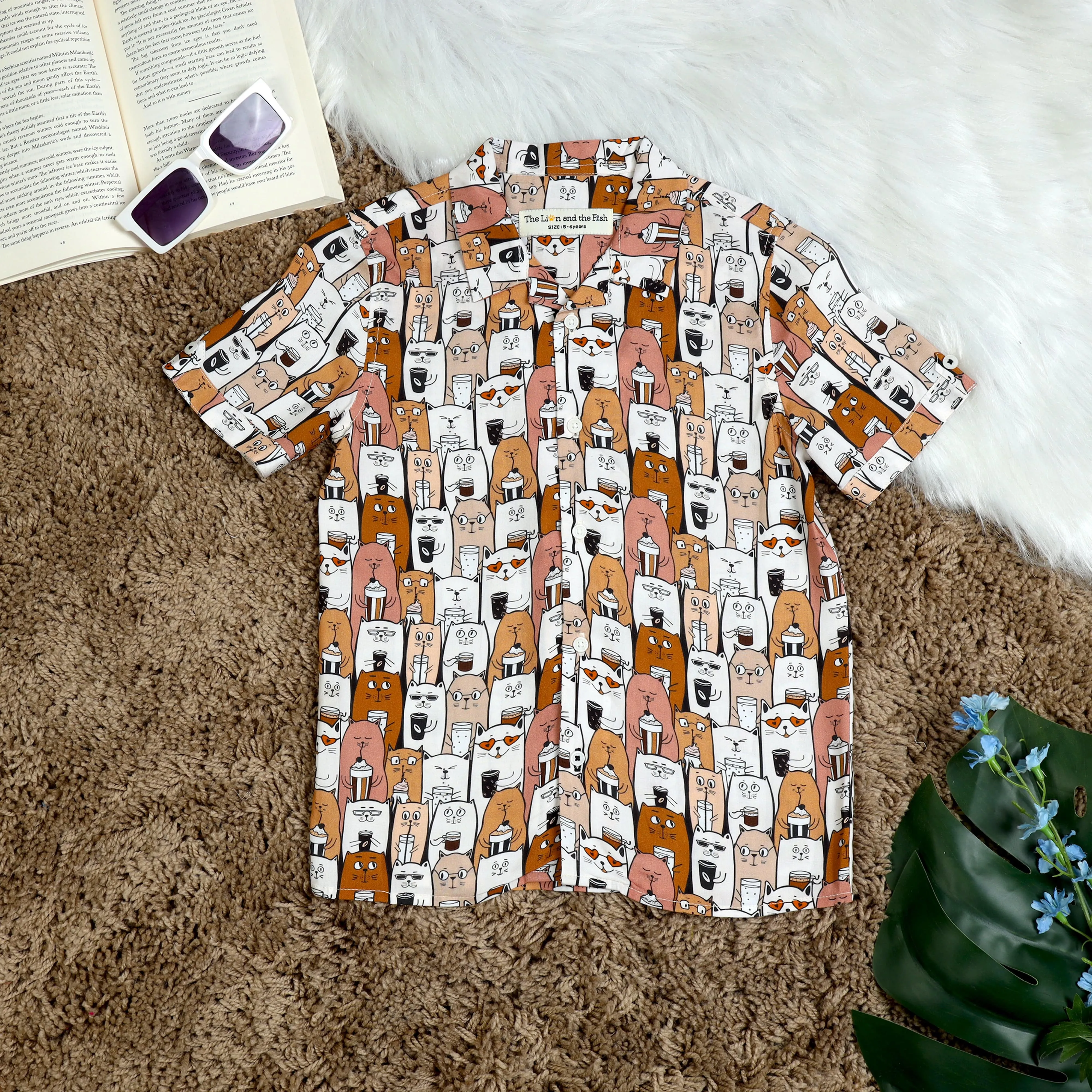 Boys Cat Printed Shirt Brown