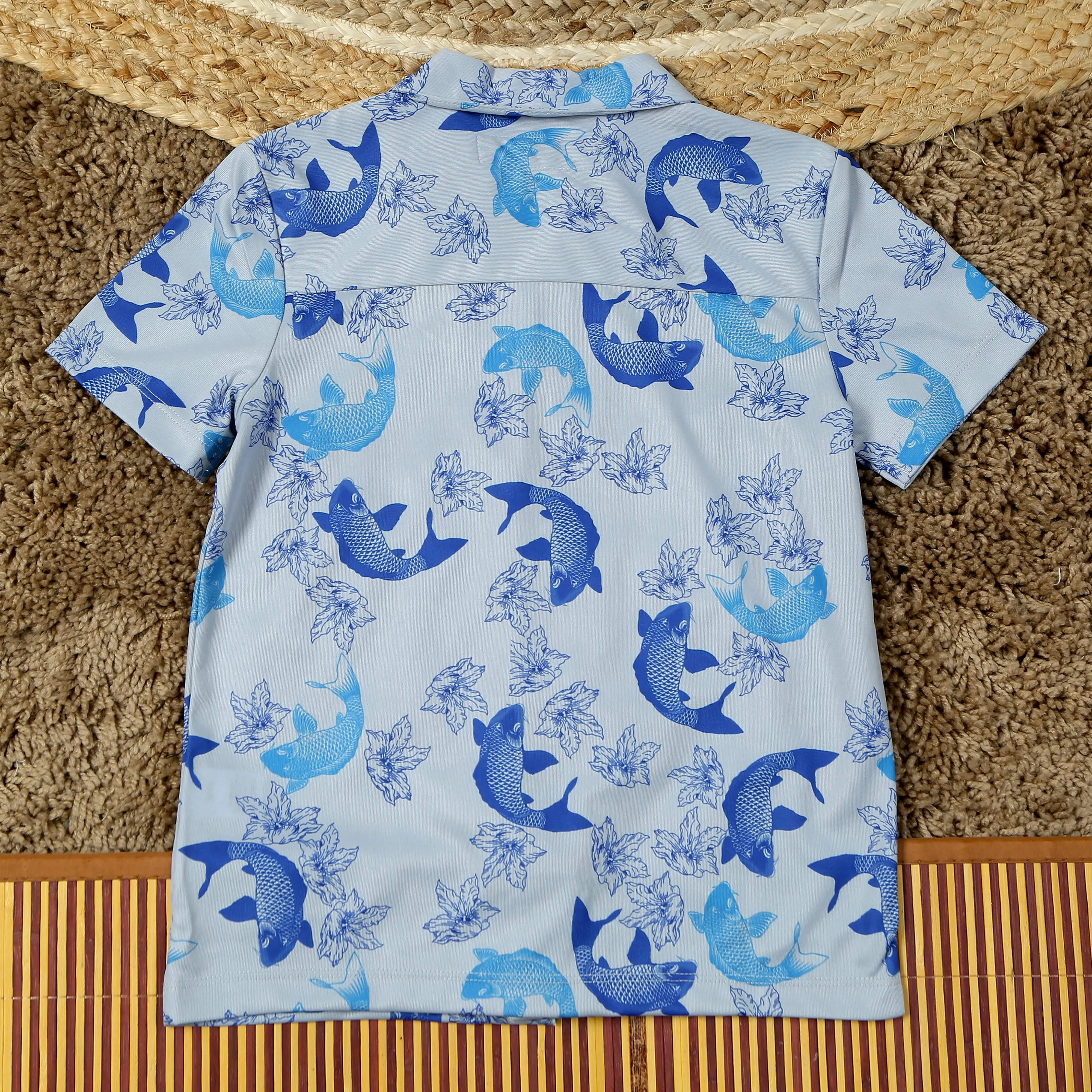 Boys Fish & Flower Print Polyknit Shirt Light Blue