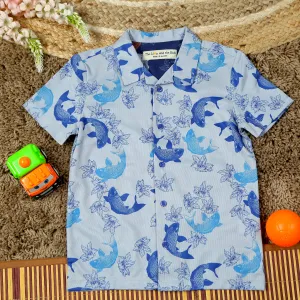 Boys Fish & Flower Print Polyknit Shirt Light Blue