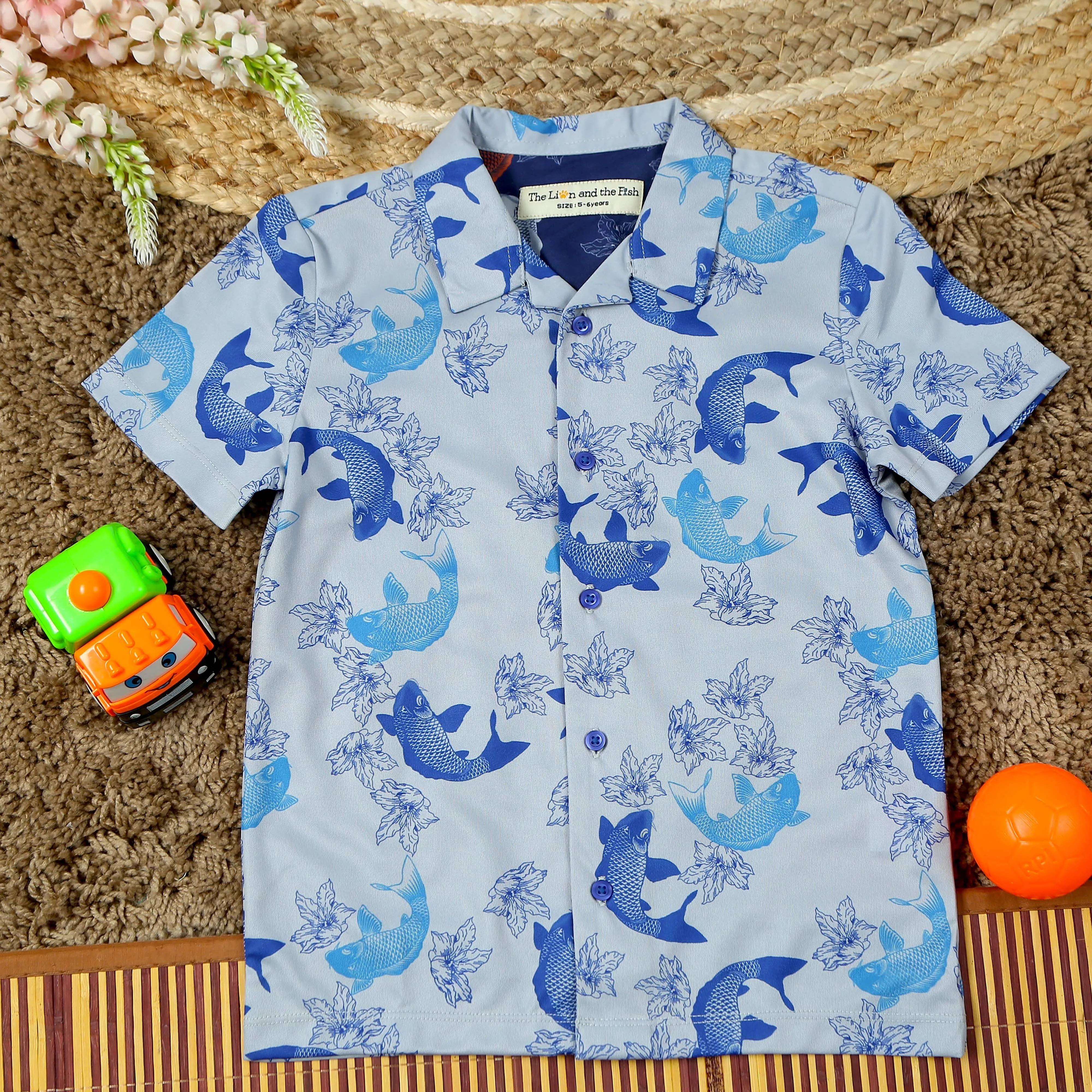 Boys Fish & Flower Print Polyknit Shirt Light Blue