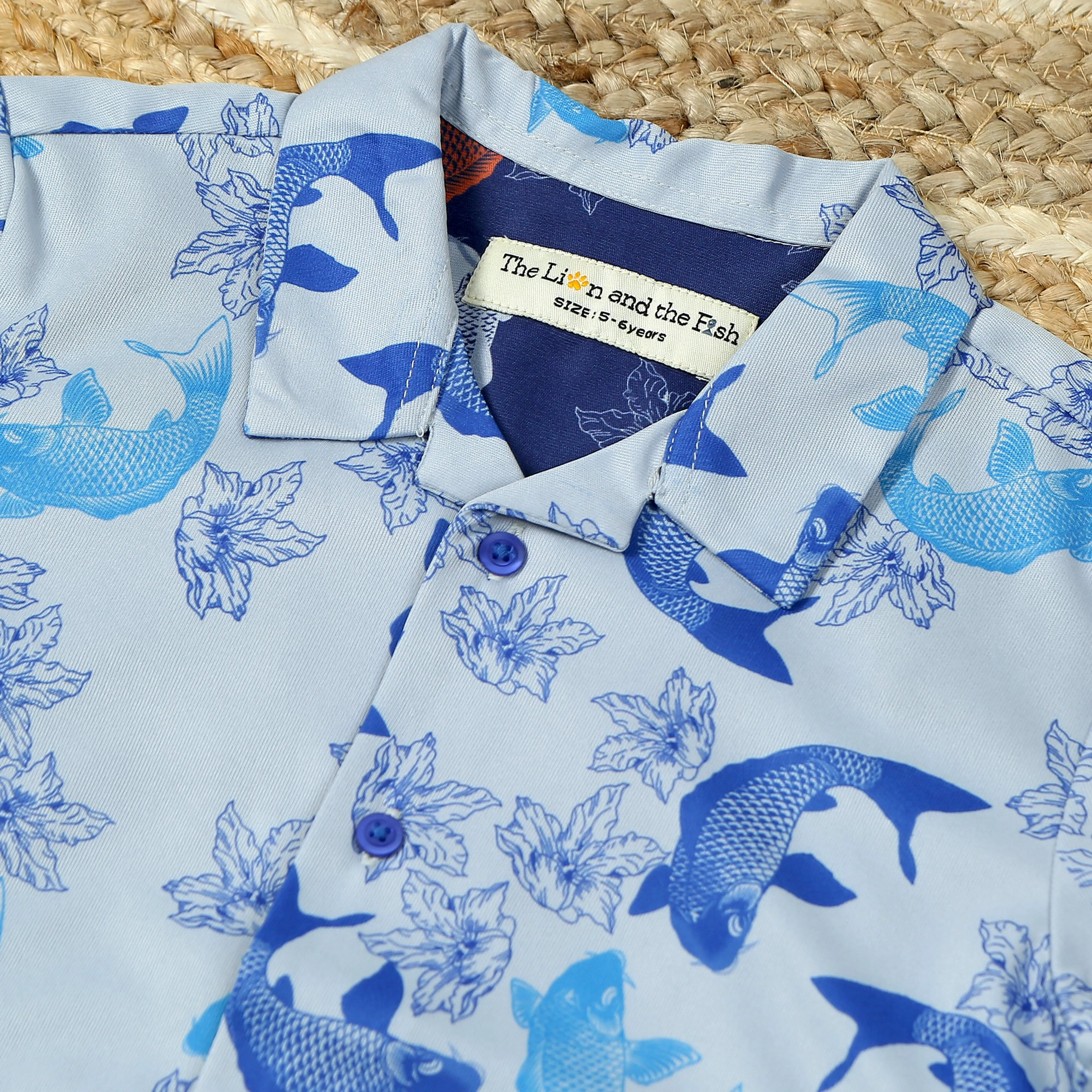 Boys Fish & Flower Print Polyknit Shirt Light Blue