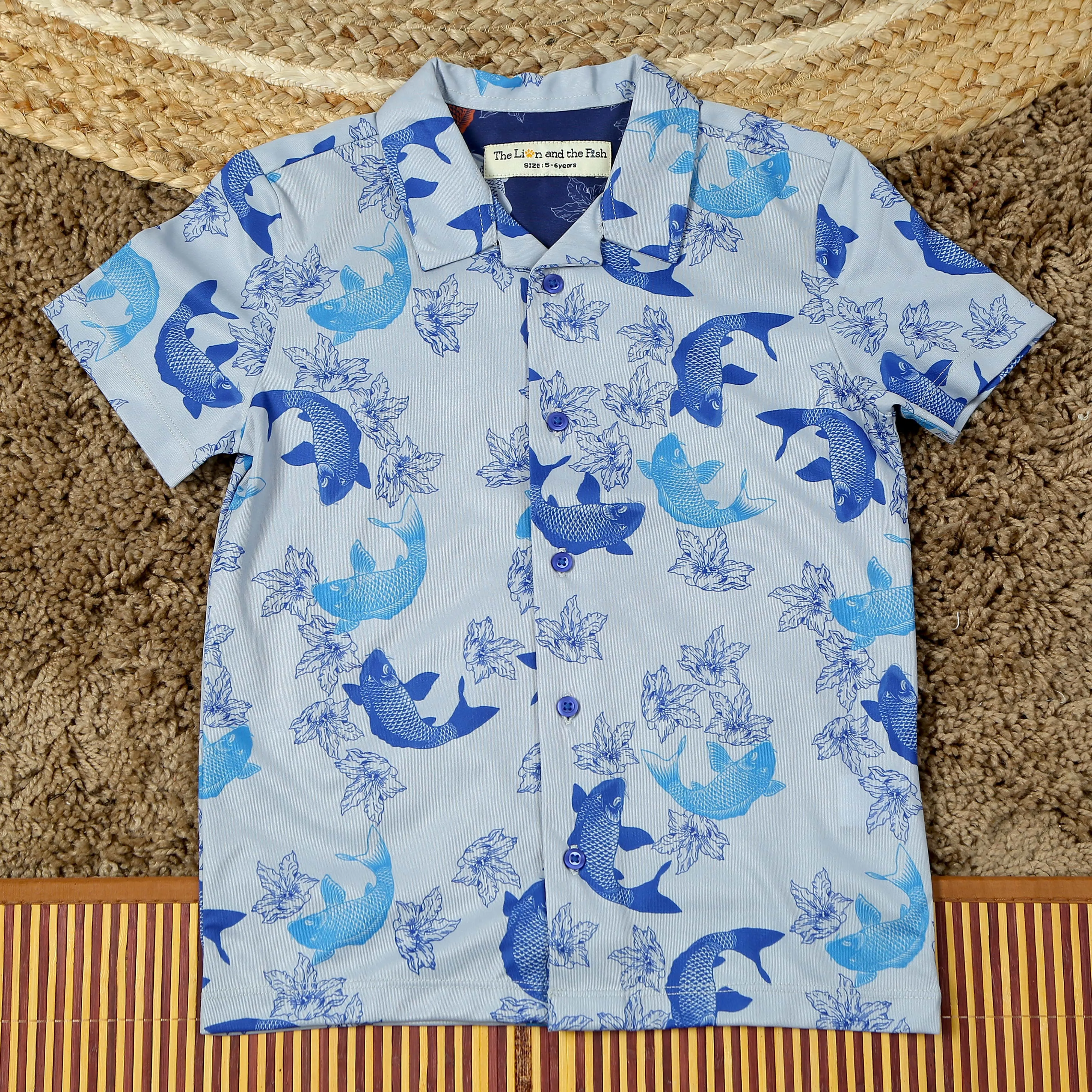 Boys Fish & Flower Print Polyknit Shirt Light Blue