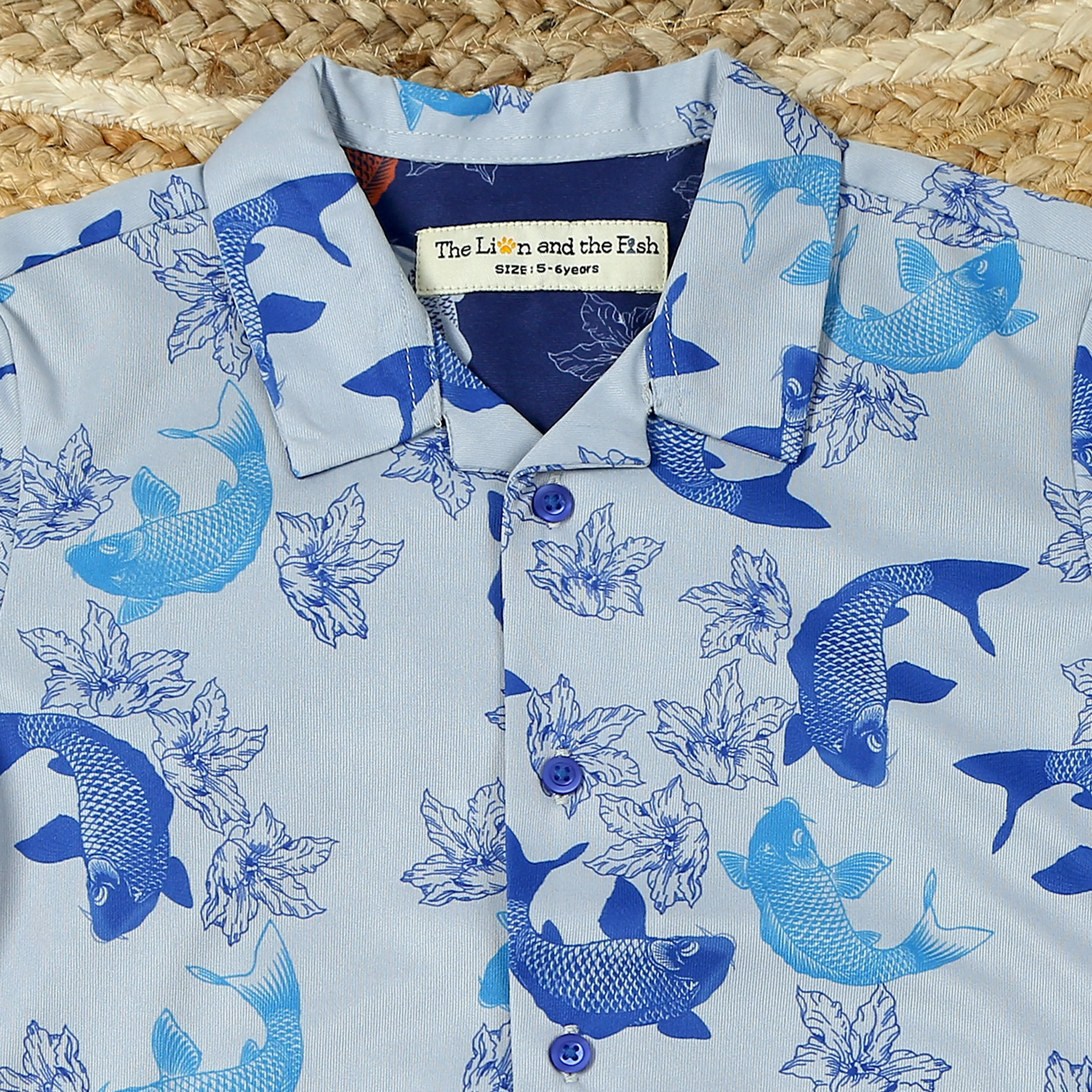 Boys Fish & Flower Print Polyknit Shirt Light Blue