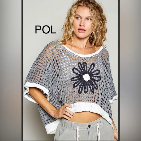 BP30-5💙POL perfection in gray open weave thin top w/blue coral center!Stunning!