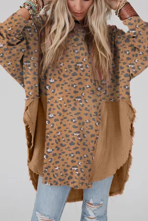 Brown Printed Raw Edge Leopard Patchwork Oversized Blouse