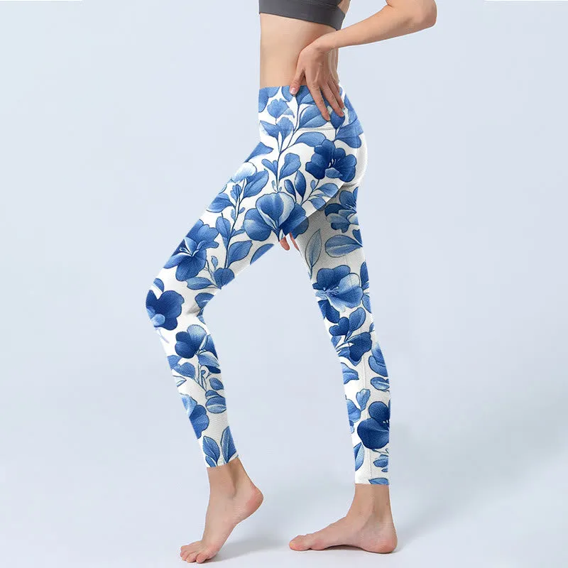 Buddha Stones Blue Flowers Print Fitness Leggings Women's Yoga Pants
