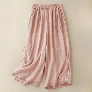 Buddha Stones Casual Plain Color Chinese Frog Button Cotton Linen Women's Wide Leg Pants