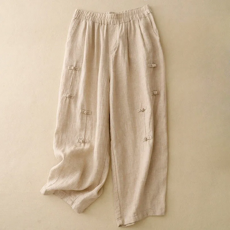 Buddha Stones Casual Plain Frog-Button Design 7-8 Length Cotton Linen Women's Harem Pants With Pockets