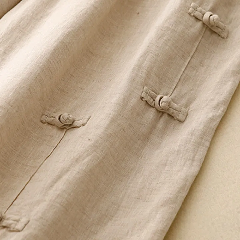 Buddha Stones Casual Plain Frog-Button Design 7-8 Length Cotton Linen Women's Harem Pants With Pockets