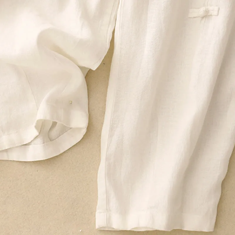 Buddha Stones Casual Plain Frog-Button Design 7-8 Length Cotton Linen Women's Harem Pants With Pockets