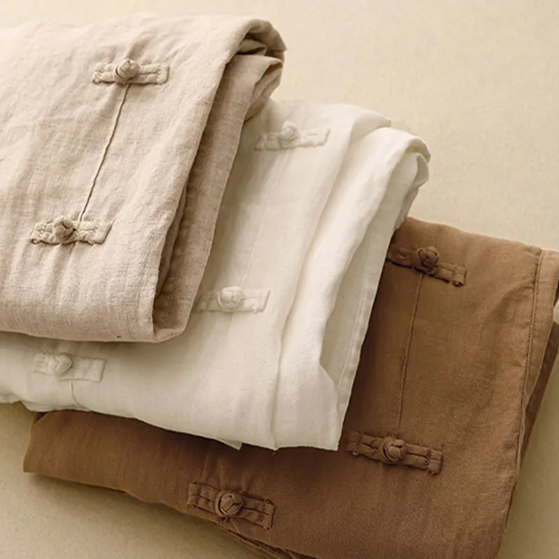 Buddha Stones Casual Plain Frog-Button Design 7-8 Length Cotton Linen Women's Harem Pants With Pockets
