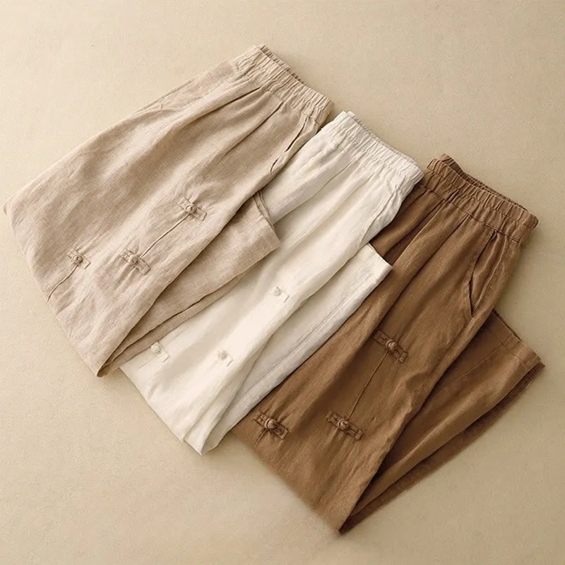 Buddha Stones Casual Plain Frog-Button Design 7-8 Length Cotton Linen Women's Harem Pants With Pockets