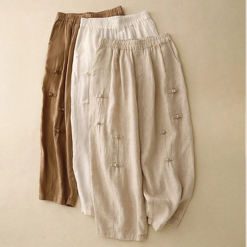 Buddha Stones Casual Plain Frog-Button Design 7-8 Length Cotton Linen Women's Harem Pants With Pockets