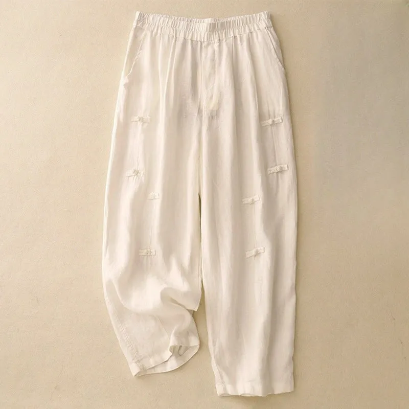Buddha Stones Casual Plain Frog-Button Design 7-8 Length Cotton Linen Women's Harem Pants With Pockets