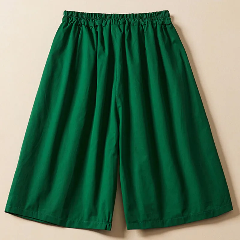 Buddha Stones Casual Solid Color Wrinkle Design Drawstring Cotton Women's Shorts With Pockets