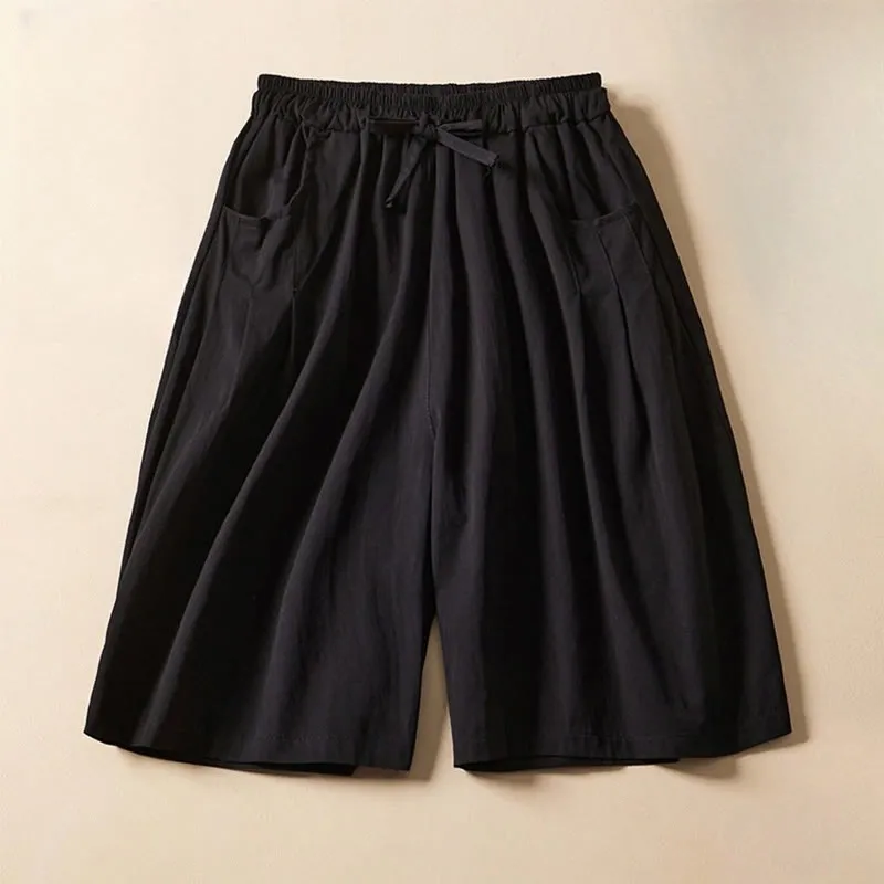 Buddha Stones Casual Solid Color Wrinkle Design Drawstring Cotton Women's Shorts With Pockets