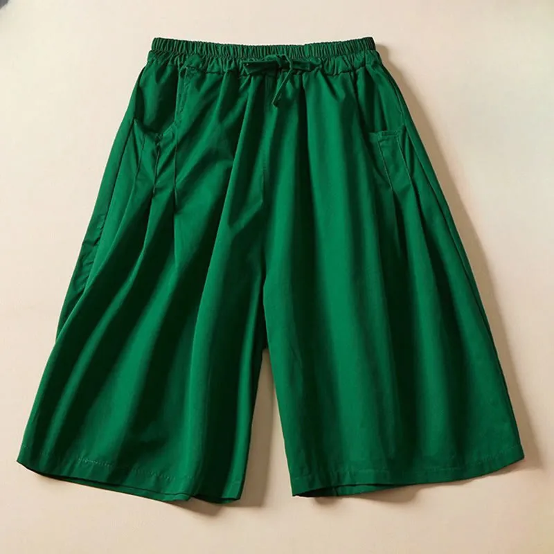 Buddha Stones Casual Solid Color Wrinkle Design Drawstring Cotton Women's Shorts With Pockets
