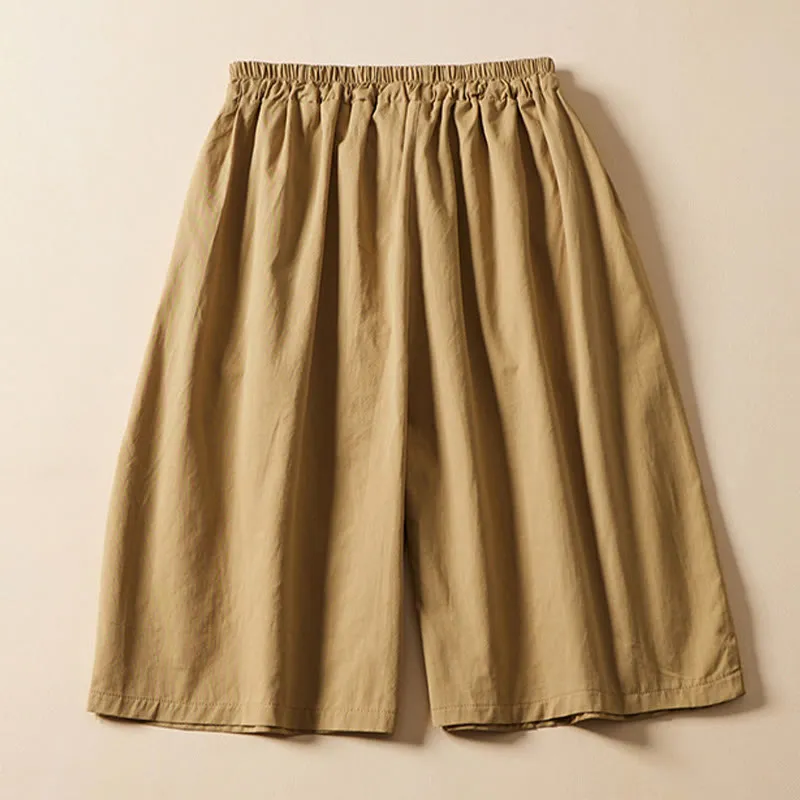 Buddha Stones Casual Solid Color Wrinkle Design Drawstring Cotton Women's Shorts With Pockets