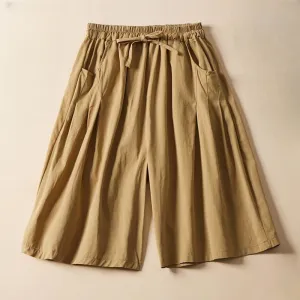Buddha Stones Casual Solid Color Wrinkle Design Drawstring Cotton Women's Shorts With Pockets