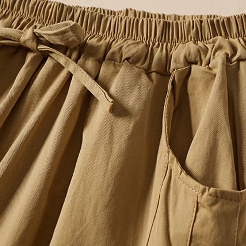Buddha Stones Casual Solid Color Wrinkle Design Drawstring Cotton Women's Shorts With Pockets